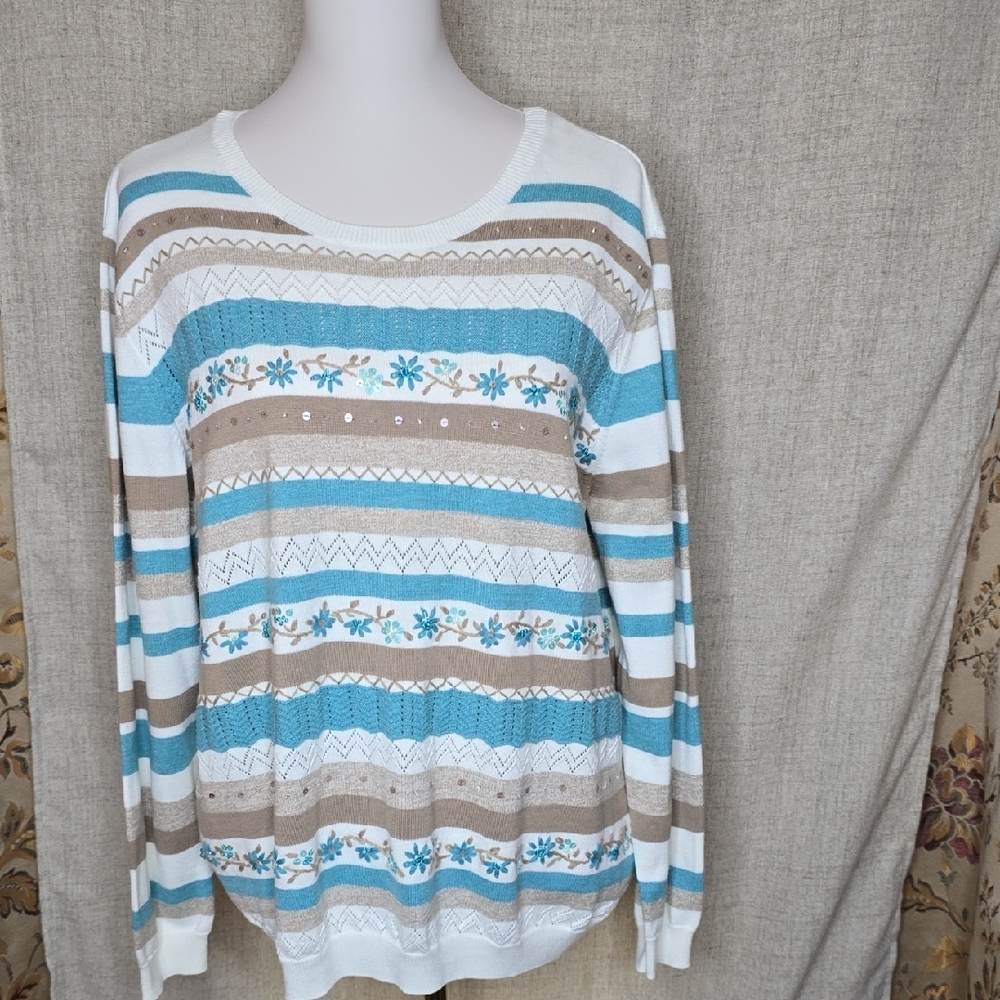 Alfred Dunner Women's Sweater - Blue, White, and Tan Stripes